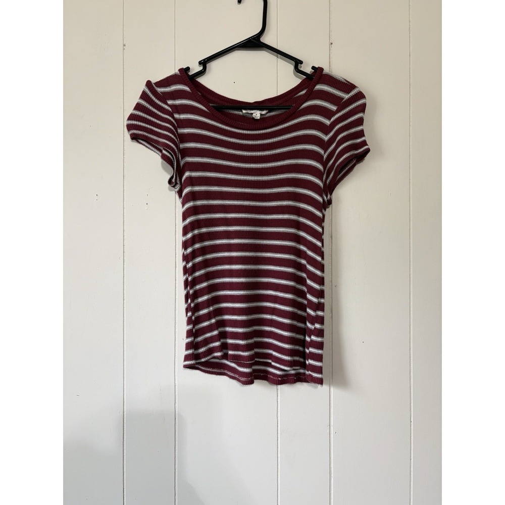 Pink Rose Women's Small Burgundy Gray Striped Ribbed Knit Short Sleeve Tee Top S